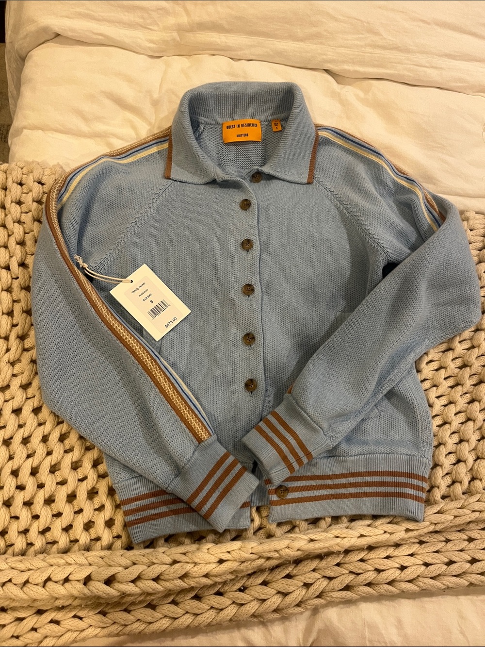Guest in residence Light Blue Knit Button-Up Cardigan jacket  with Tan Stripes